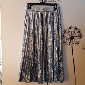 Silver Velvet Look Pleated Midi Skirt